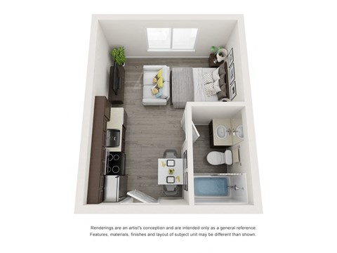 Floor plan for studio, 1 bath, 390 sqft